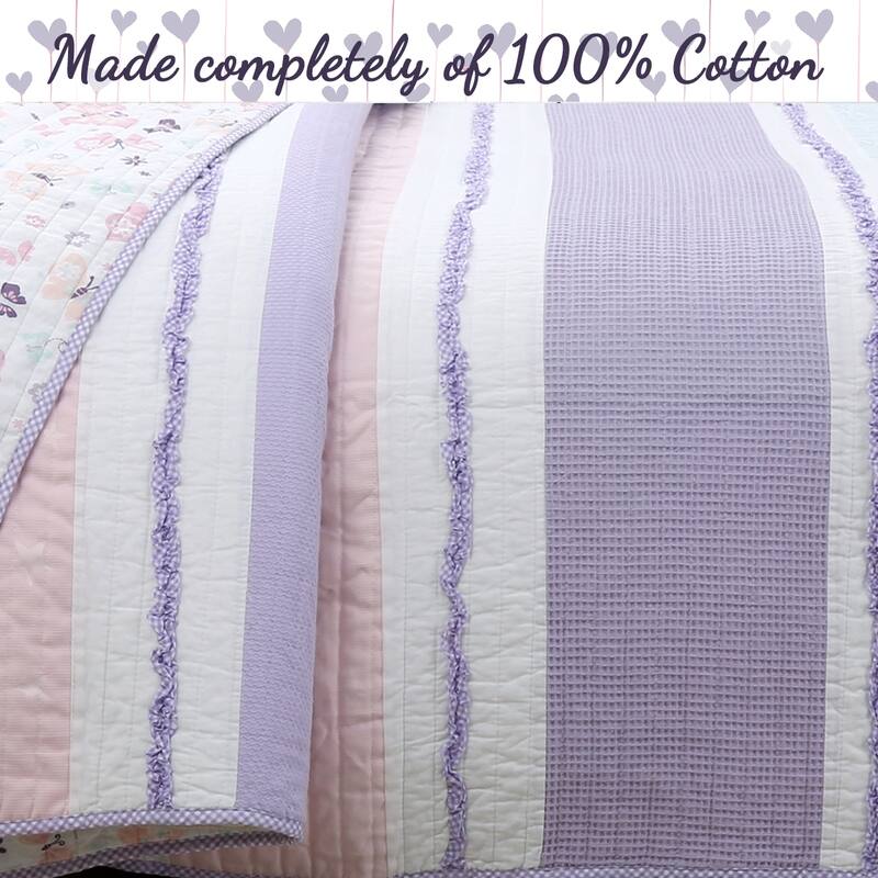 Cozy Line Home Fashions Stripped Floral Vine Star Butterfly Ruffle Embroidered Pink Purple Cotton Quilt Bedding Set