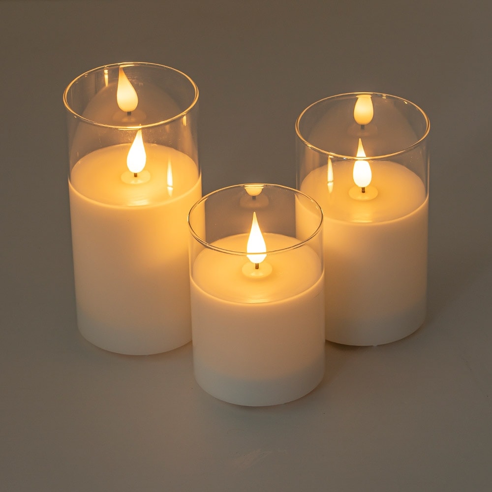 CraftHome Set of 3 USB-C Rechargeable Flameless Glass Pillar Candles with Real Wax, Remote and Timer - H6''