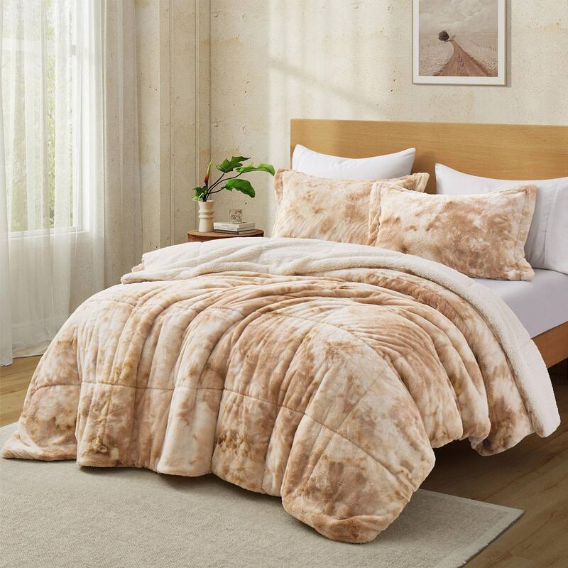Dual-Side Fluffy Sherpa Comforter Set, Winter Plush Fuzzy Bedding Set