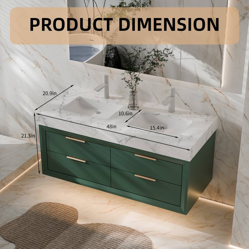 Modland 48" Wall-Mount Double Vanity with LED Light & 6 Drawers - Solid Oak, White / Green - 48 inch