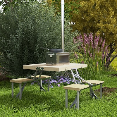 Outdoor Folding Picnic Table with Seats , Umbrella Hole & Aluminum Frame, Portable Camping Table and Chairs Set