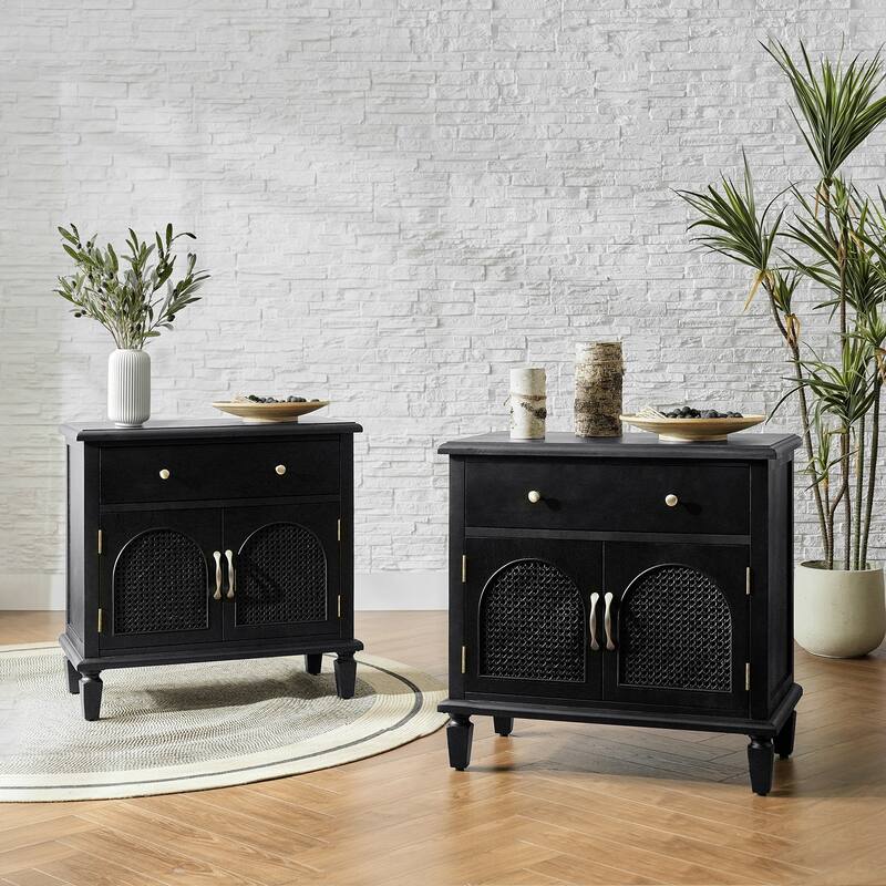 Georg Traditional 27"Tall Rattan Nightstand with Adjustable Feet Set of 2 by HULALA HOME - Black