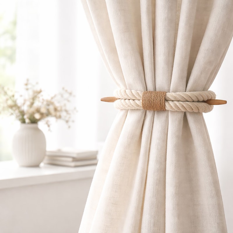 Twisted Curtain Tiebacks with Wooden Stick 9.5 in - 1 Tieback - Ecru
