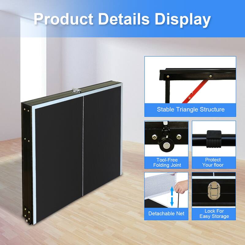Anmytek 4.5ft Black Table Tennis Table Foldable & Portable Ping Pong Table Set with Net and 2 Ping Pong Paddles