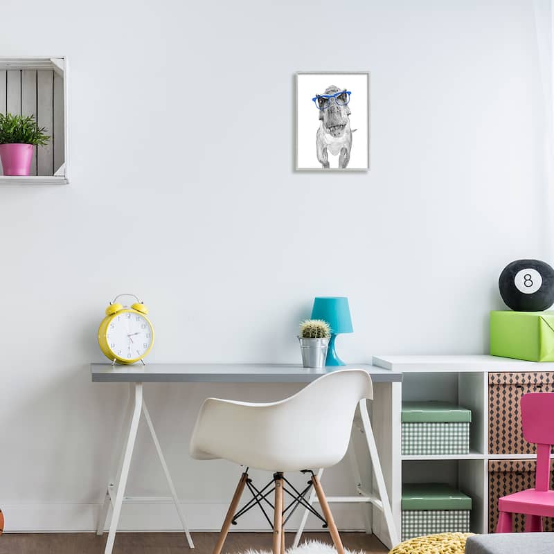 Stupell Adorable Monochrome T-Rex Dinosaur Blue Glasses Illustration by Annalisa Latella Framed Wall Art