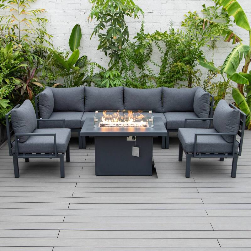 Outdoor 7-Piece Patio Sectional Set Aluminum Frame W/ Fire Pit Table - Black