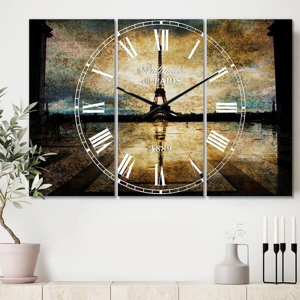 slide 2 of 6, Designart 'Reflection of Paris Eiffel TowerWith Clouds' Cottage 3 Panels Large Wall CLock - 36 in. wide x 28 in. high - 3 panels