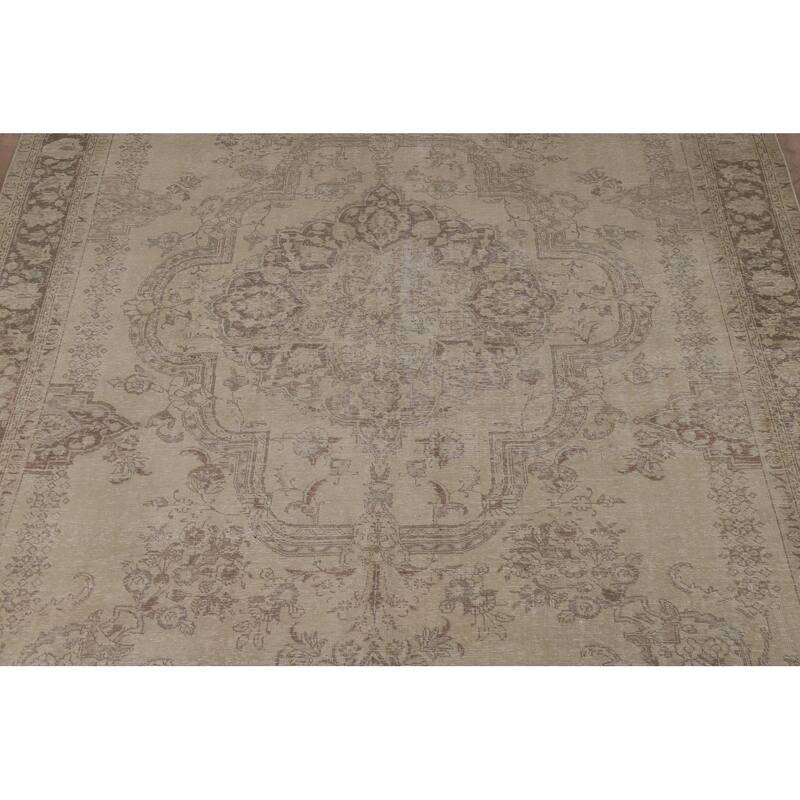 Tabriz Persian Vintage Rug Hand-Knotted Traditional Beige Wool Carpet - 9'9"x 12'6"