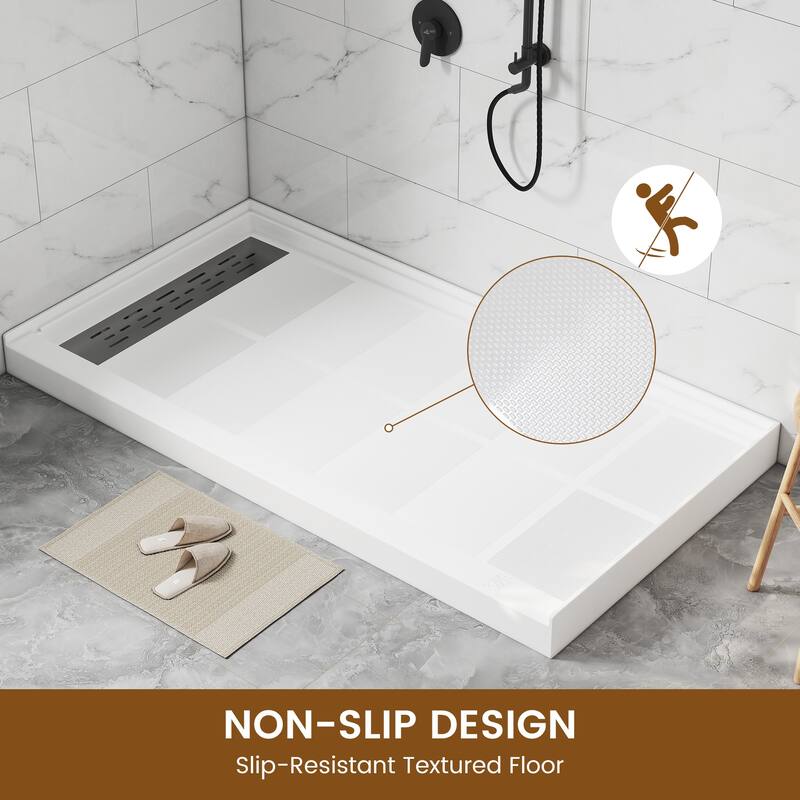 60 in. x 32 in. Elegant White Single Threshold Anti-slip SMC Rectangular Shower Base with Drain and Stainless Steel Drain Cover