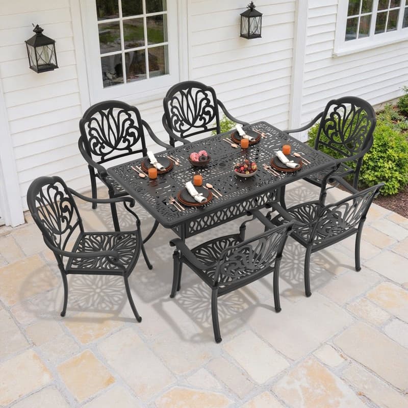 7-Piece Patio Dining Set Aluminum Table & 6 Dining Arm Chairs with Brown Cushions