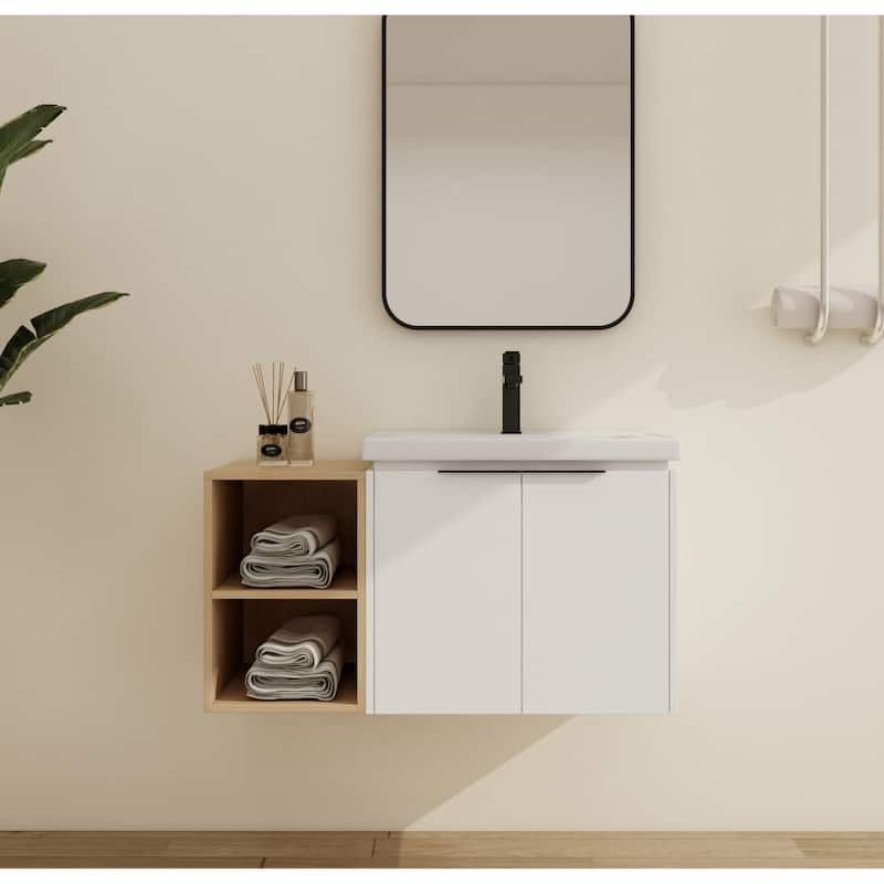 Malwee 24"/36"/48"/60" Floating Bathroom Vanity, Wall Mounted Bathroom Vanity with Ceramic Sink,Soft Close Door and Shelf