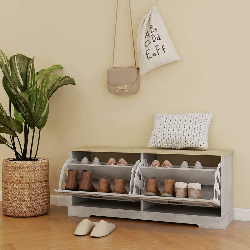 17.71 in. H x 41.33 in. W Antique White Shoe Cabinet with 2 Flip Drawers and Adjustable Shelf