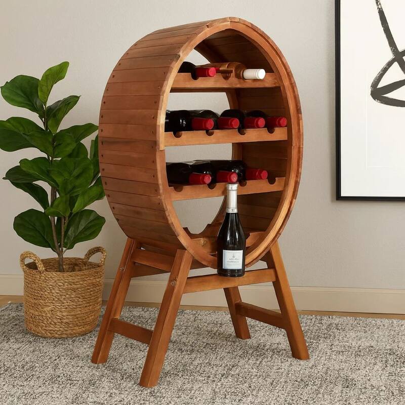 Oval Wine Rack, 13 Bottles, 35 Inch Tall Brown Solid Acacia Wood Frame