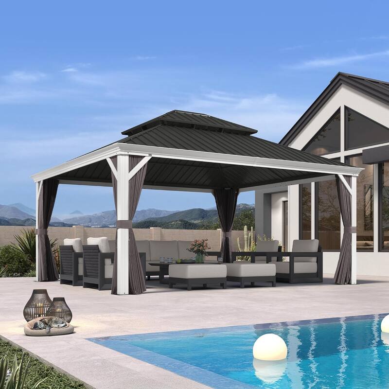 PURPLE LEAF Patio Hardtop Gazebo Pro for Outdoor Grey Galvanized Steel Double Roof White Aluminum Poles - 14' x 16' - White Pro