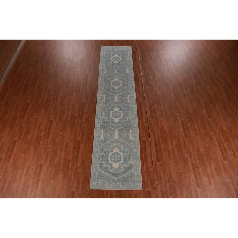 Hand Knotted Oriental 100% Wool Carpet Transitional Geometric Greys & Charcoal Oushak Runner Rug - 13' 10'' X 3' 1''