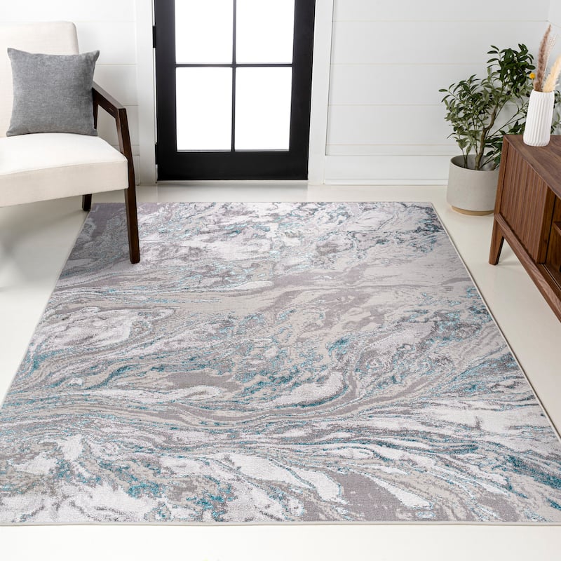 JONATHAN Y Batten Marbled Abstract Area Rug - 2 X 8 - Gray/Turquoise