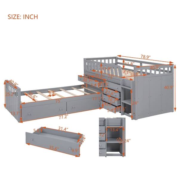 dimension image slide 1 of 3, L-shaped Space-Saving Twin Loft and Twin Platform Bed with 7 Drawers