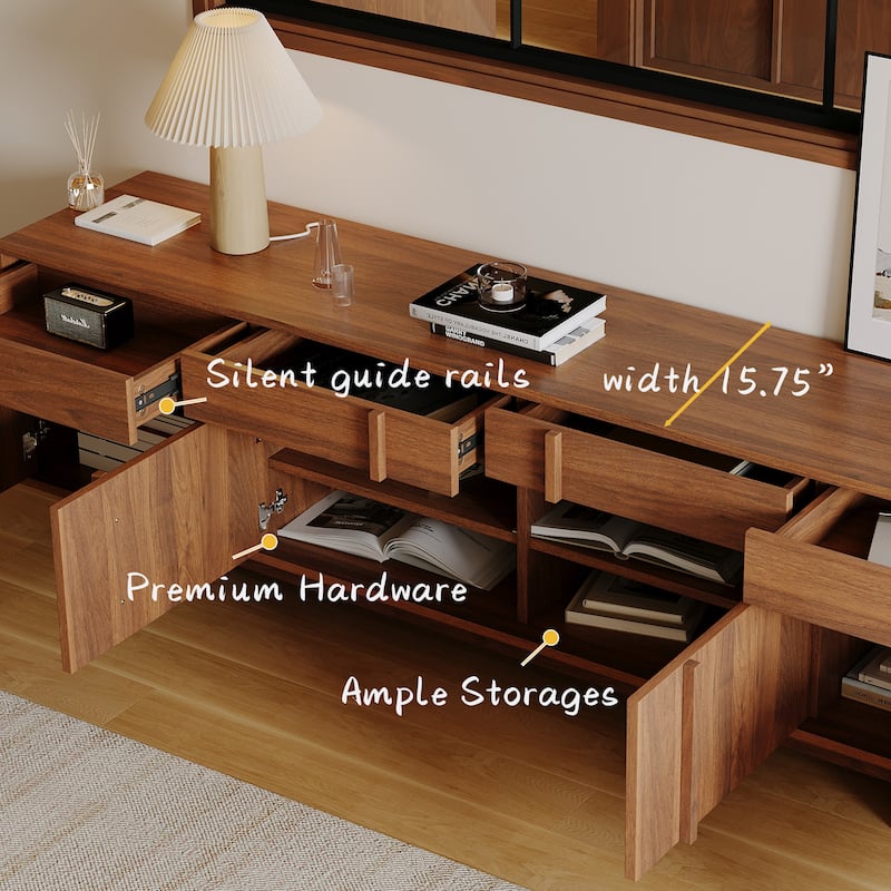 70.87" Mid Century TV Stands, Brown Wood Texture with ample Storages