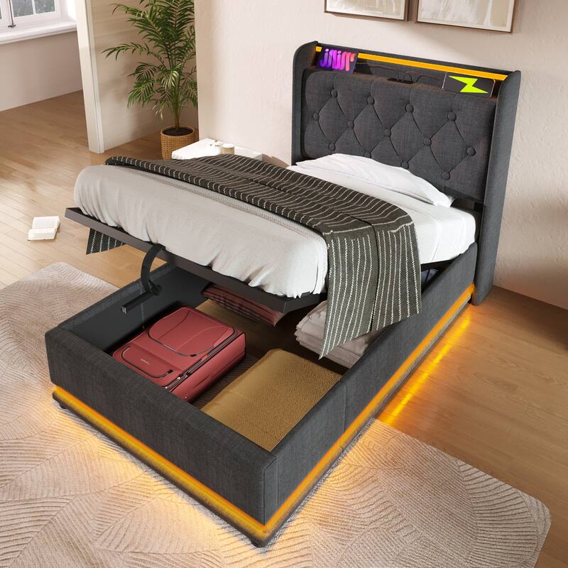 Metal Frame Storage Bed LED Linen Upholstered Platform Bed, Twin