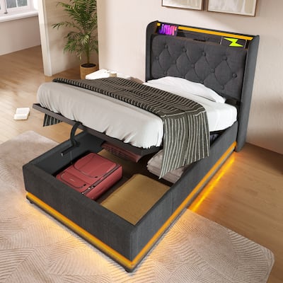 Multifunctional Storage Bed Frame Modern LED Upholstered Bed