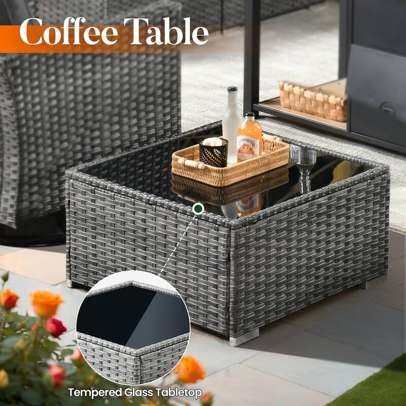 HOOOWOOO 8-piece Grey Wicker Patio Furniture Set Sectional Sofa with Fire Pit Table