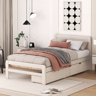Twin Size Platform Bed Frame, Pinewood Bedframe with 2 Drawers