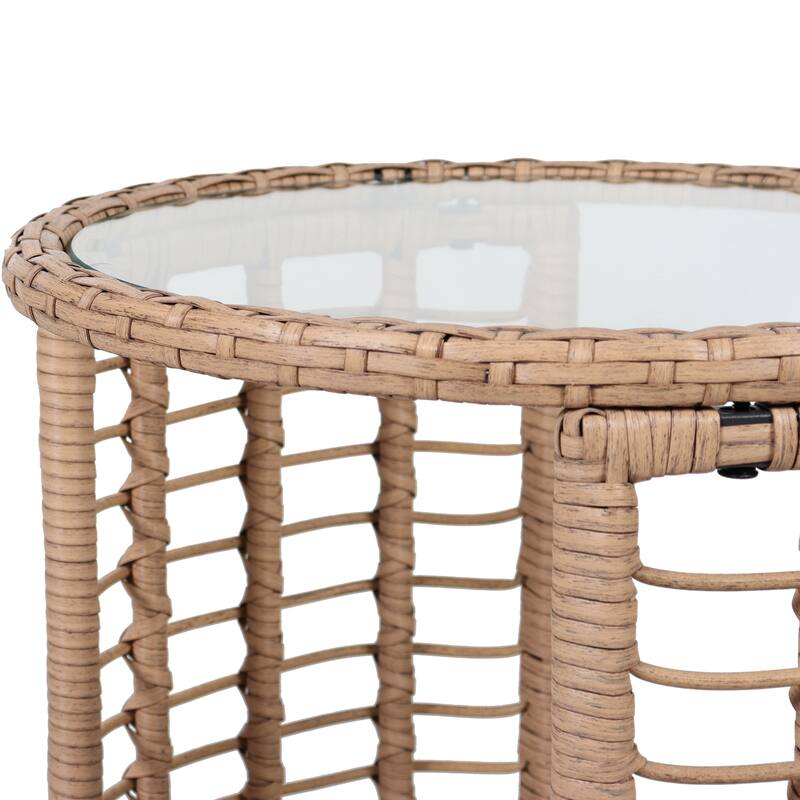 Patio Round End Table 18-Inch Wicker Accent Table with Glass Top