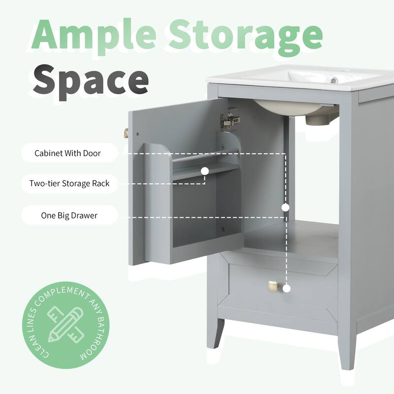 Roomfitters 20" Bathroom Vanity with Sink, Soft-Close Cabinet with Door Rack & Bottom Drawer