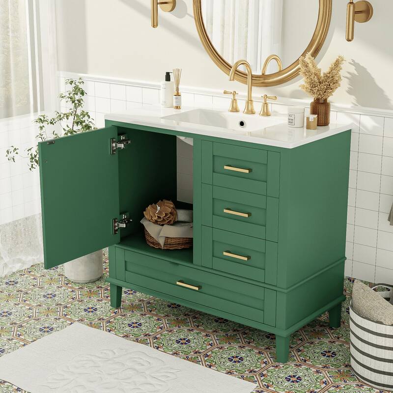 Elegant 36-Inch Bathroom Vanity with Undermount Ceramic Sink, Soft Close Storage Drawers, Silver Handles - Contemporary Look