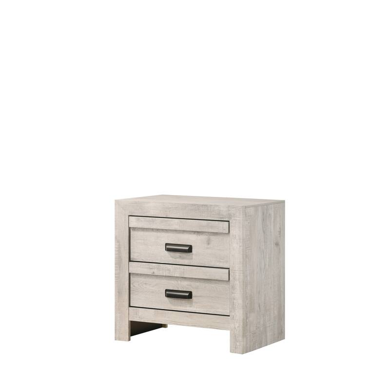 Rustic Beige Nightstand with Two Drawers, Metal Handles