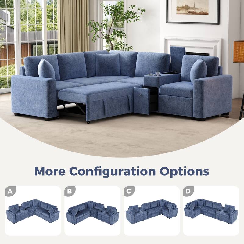 120.5" L-shaped Blue Chenille Convertible Sofa Bed w/ Pull-Out Bed, Cup Holders & Storage