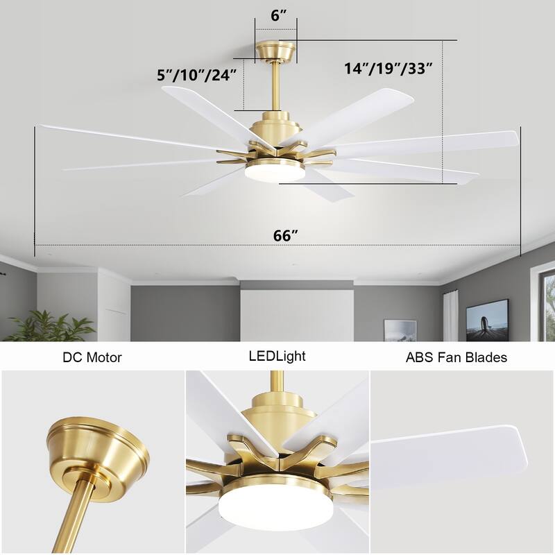 66" Large Smart Windmill Ceiling Fan with Light, Remote/APP Control, Dimmable LED Included