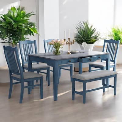 Mid-Century 6-Piece Dining Table Set with Bench & Upholstered Chairs, Vintage 2-Tone Finish, Storage Drawer, Rubberwood Frame