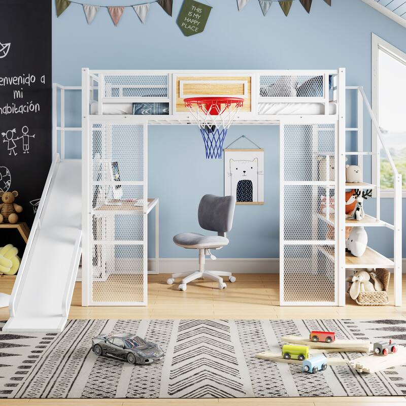 Metal Loft bed with Built-in Desk, Open Wardrobe, Basketball hoop, Slide and Staircase
