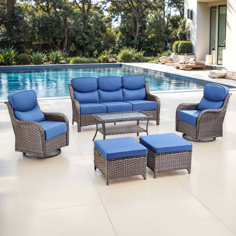 Gymojoy 6-Piece Patio Furniture Set with Swivel Glider Chairs, 6-Inch Ultra-Plush Cushions & Water-Resistant Olefin Fabric - Brown Wicker / Blue Cusion - 6-Piece