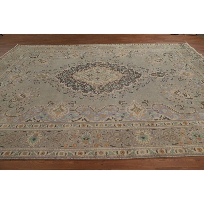 Geometric Tabriz Persian Vintage Area Rug Hand-Knotted Wool Carpet - 9'5" x 12'3"