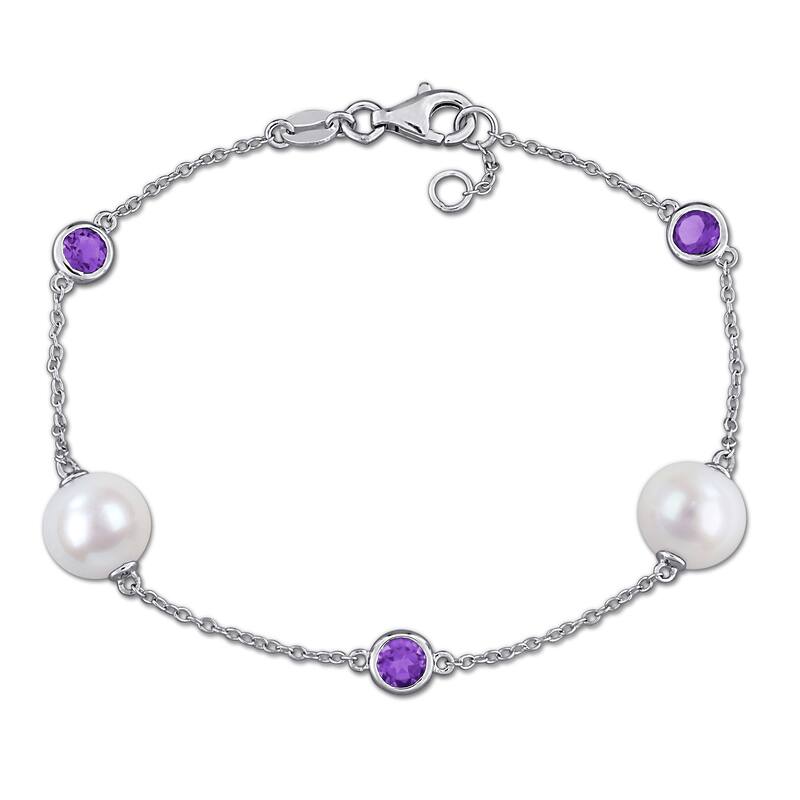 Miadora Cultured Freshwater Pearl and 7/8 CT TGW Sky-Blue Topaz Gemstone Station Bracelet in Sterling Silver - Purple