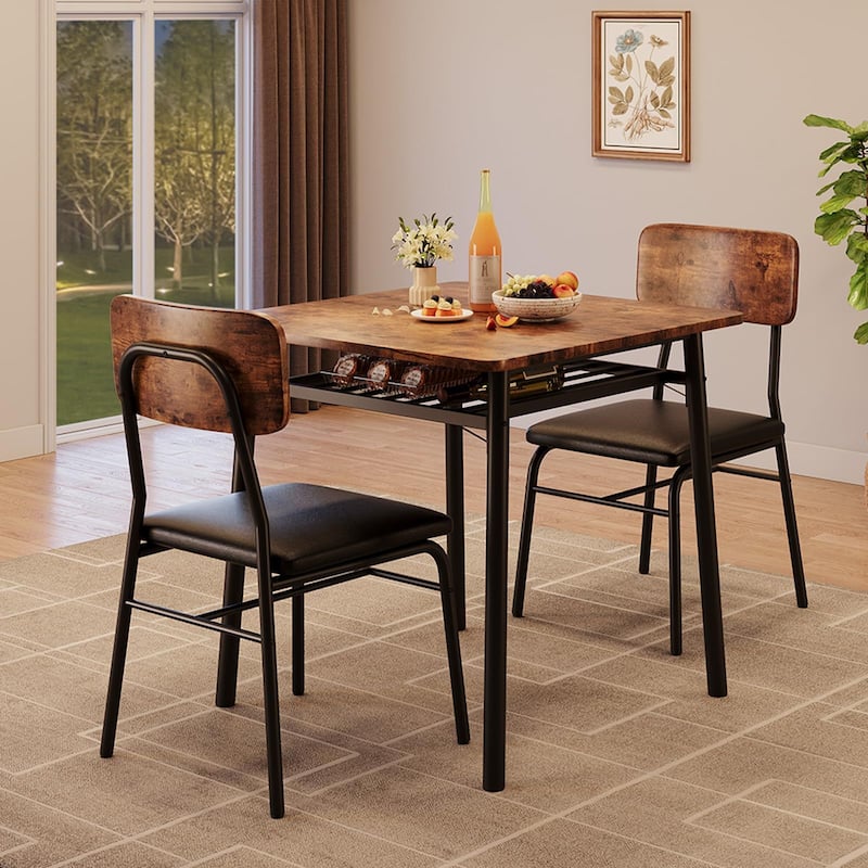 3-Piece Dining Room Set, with Storage Rack and Metal Frame - Rustic Brown
