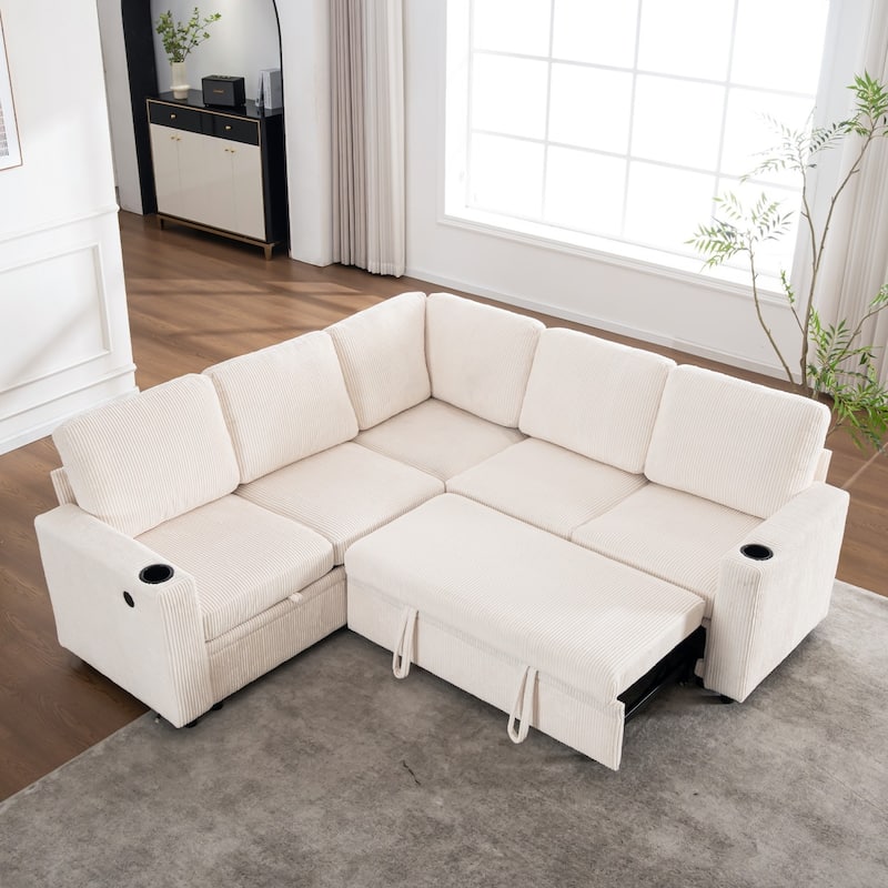 83.66" L-Shaped Sectional Sofa with Storage and Pull Out Bed - White