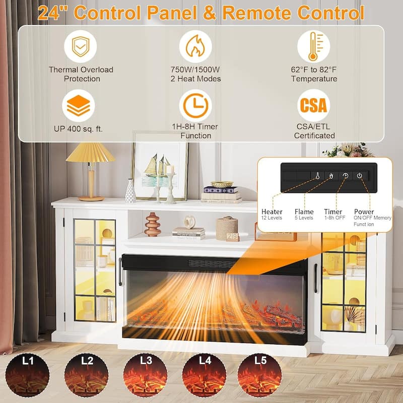 75In 3 Sided Glass Fireplace Heater TV Stand with LED Lights - N/A