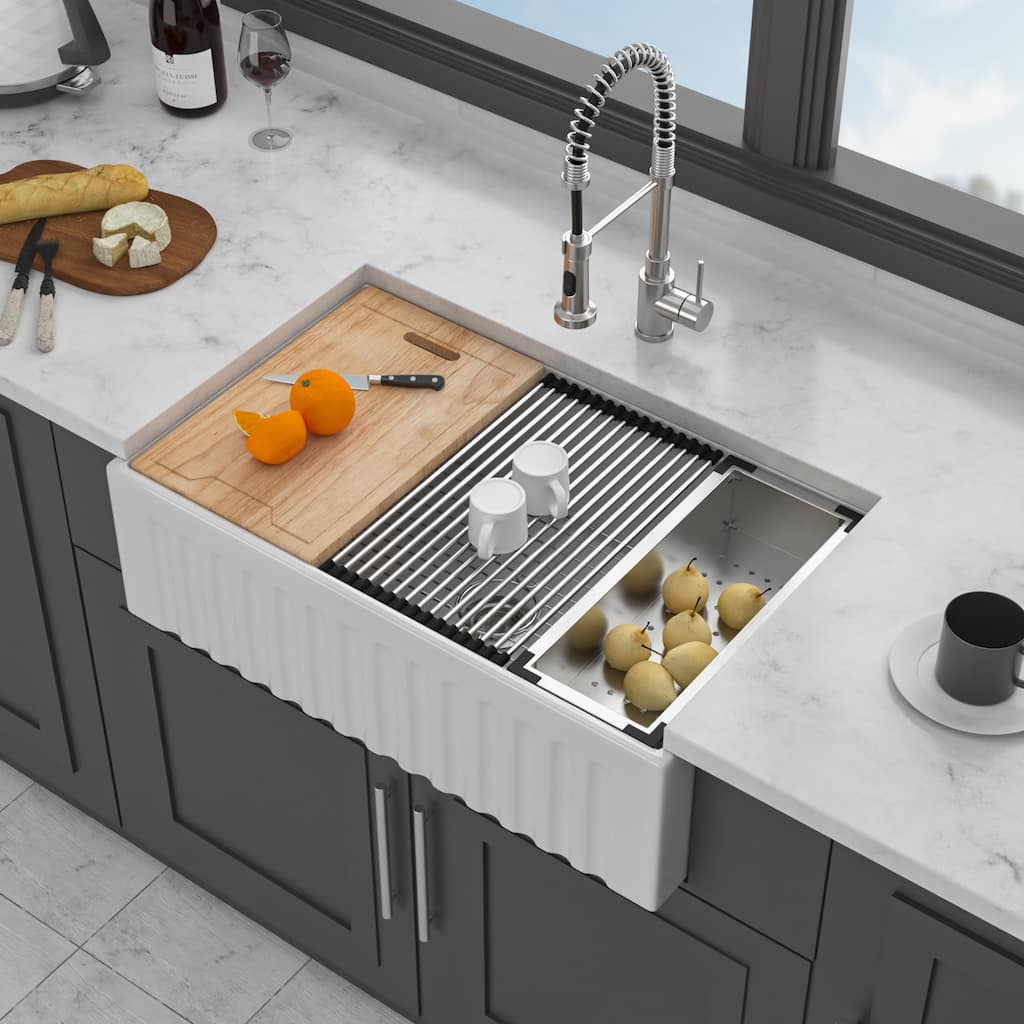 33" White Farmhouse Sink Workstation - 33 x 20 x 10 inch White Ceramic Porcelain Single Bowl Apron Front Kitchen Sink