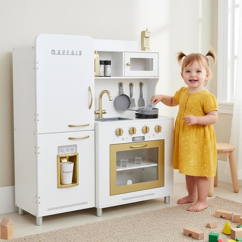 Teamson Kids Wooden Play Kitchen with Lights and Sounds, Interactive Stove, Sink and Fridge, Kids Kitchen Playset for Toddlers