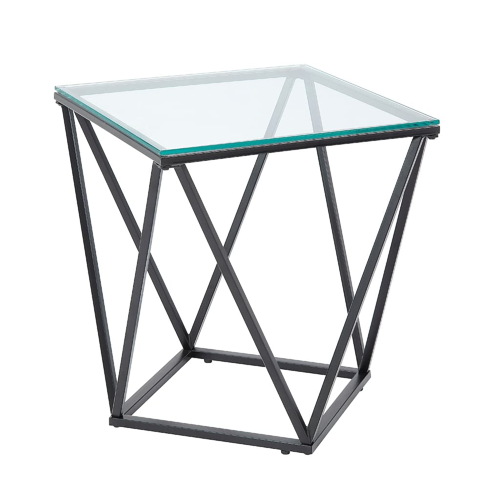 Lucas Side End Table, Clear Glass Top, Geometric Frame, Black Metal