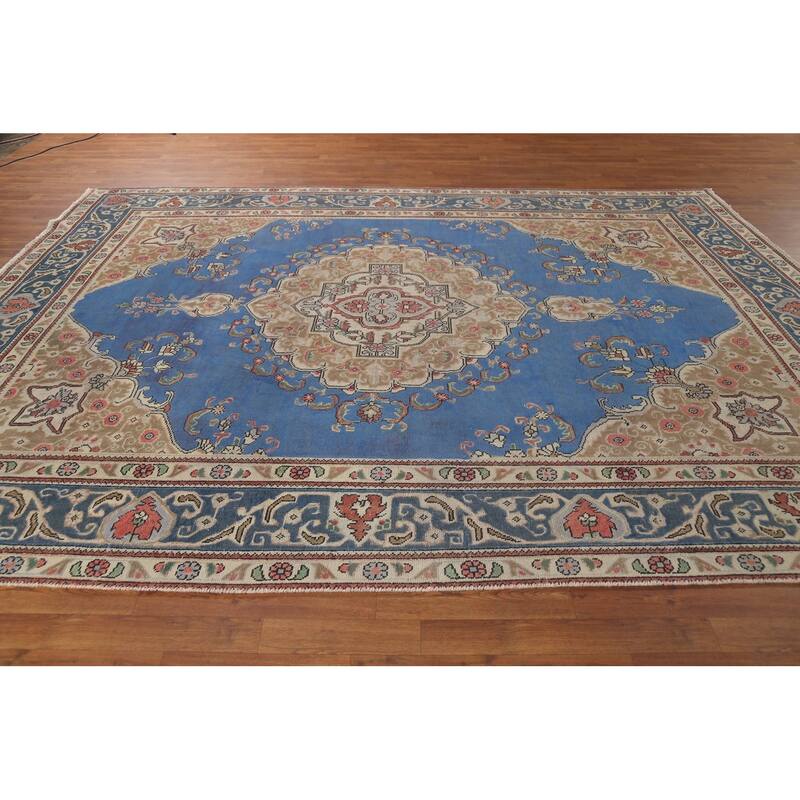 Blue Tabriz Persian Vintage Area Rug Handmade Wool Carpet - 8'3"x 11'5"