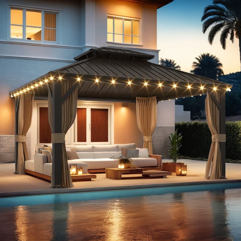 Erommy Hardtop Gazebo with Aluminum Frame and Double Roof, Permanent Outdoor Gazebo Includes Curtains&Netting for Patio Backyard