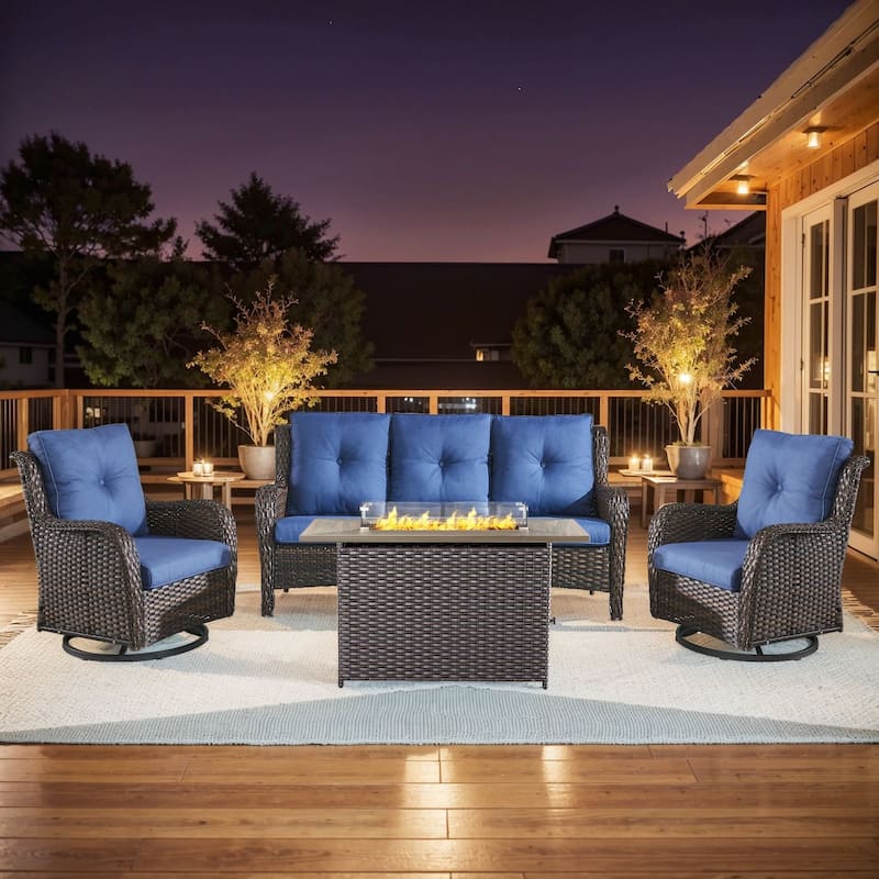 Fire Pit Table with Patio Glider Chairs Sofa Set - Brown - Blue