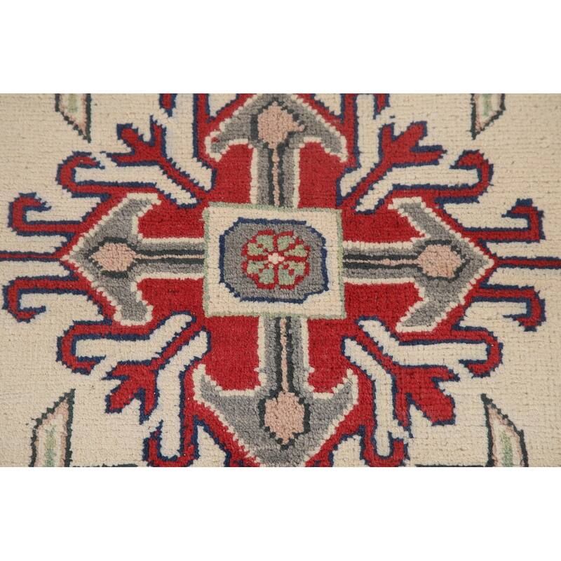 Hand Knotted Oriental 100% Wool Carpet Traditional Geometric Beige & Ivories Kazak Area Rug - 9' 7'' X 6' 7''