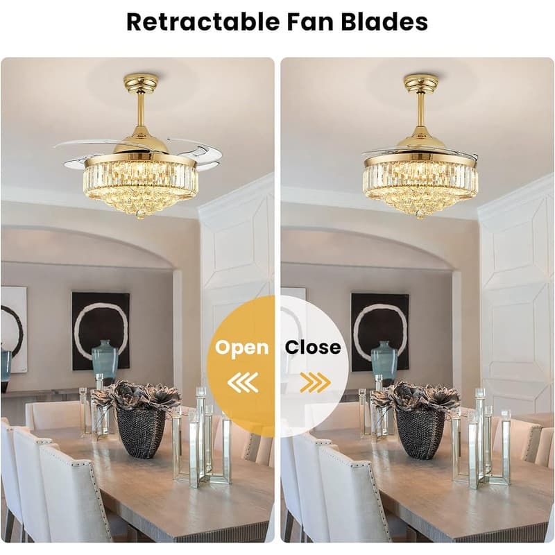 48 in. Indoor Modern Ceiling Fan with Light Gold Retractable Crystal Chandelier Fan with Remote for Kitchen Living Room