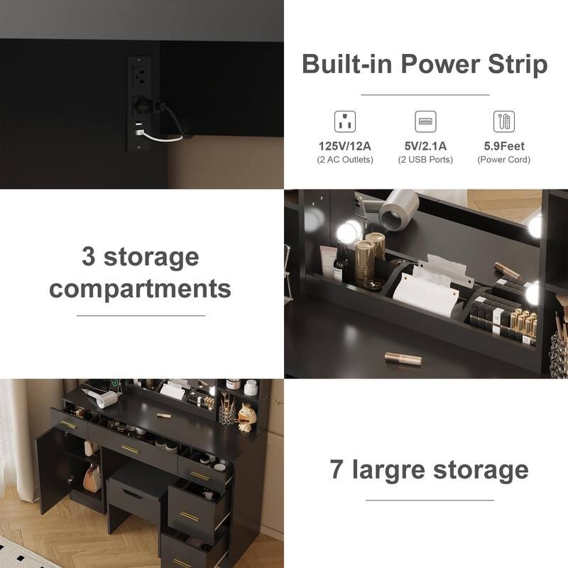 55.7" Dressing Table with LED Lights, Storage Shelves & Stool, Drawers
