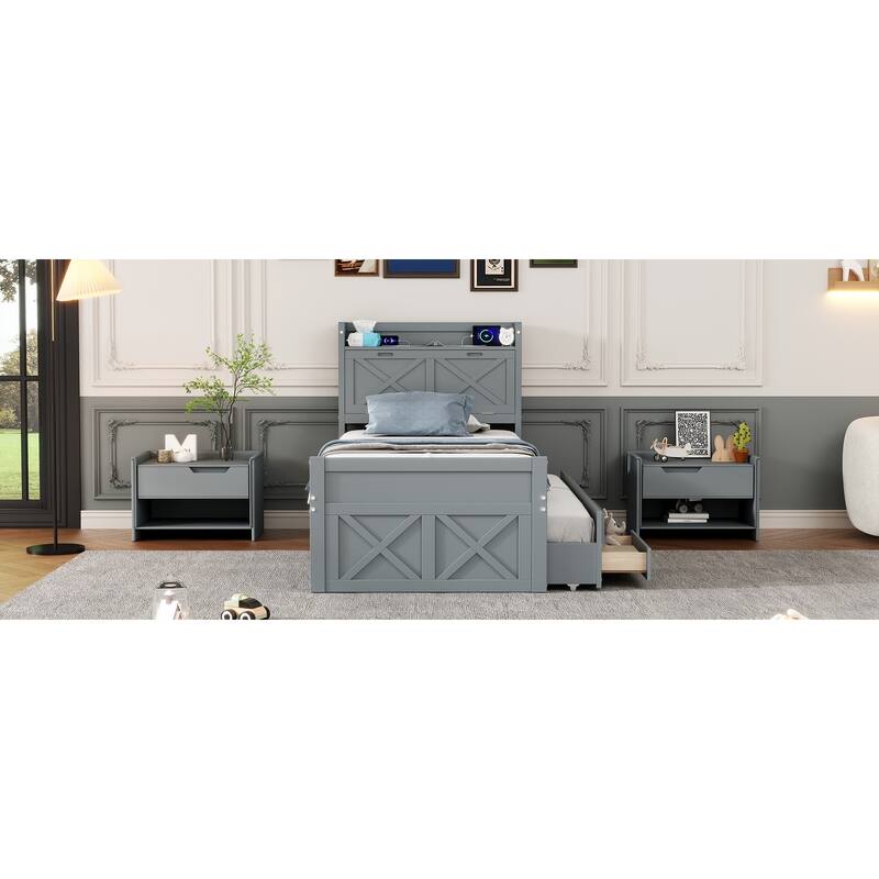 Gray Twin Size Extendable Wooden Platform Bed with Storage Headboard,Three Storage Drawers and Trundle